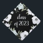 Gray and White Flowers on Black | Class of 2023 Graduation Cap Topper<br><div class="desc">This stylish graduation design features trendy light gray, white, and soft blue flowers and green botanical leaves, with handwritten script typography that says "class of 2023" (and can be changed to reflect your graduation year) on a black background.</div>