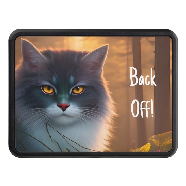 Gray and white fluffy forest cat, Back OFF! Hitch Cover (Front)
