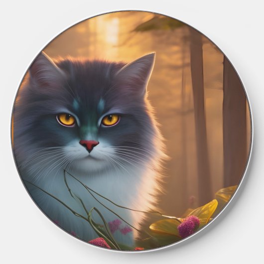 Gray and white fluffy forest cat, Fantasy  Wireless Charger (Front)