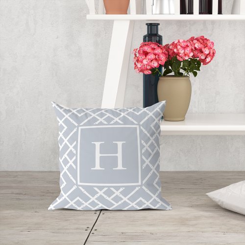 Gray and White Geometric Bamboo Lattice Monogram Throw Pillow