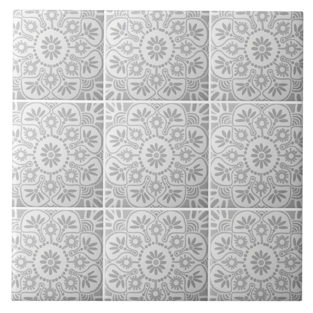 Gray and white geometric  ceramic tile (Nine gray and white geometric tiles shown together.)