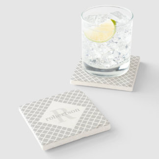 Gray and White Geometric Modern Monogrammed Stone Coaster