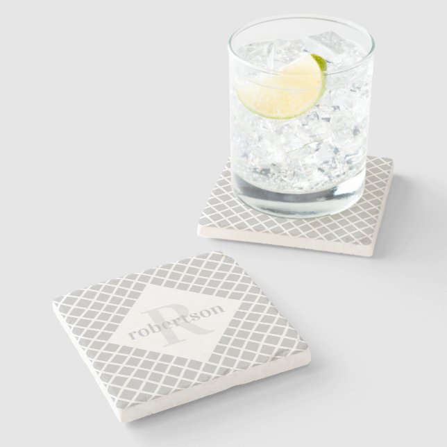 Gray and White Geometric Modern Monogrammed Stone Coaster (Side)