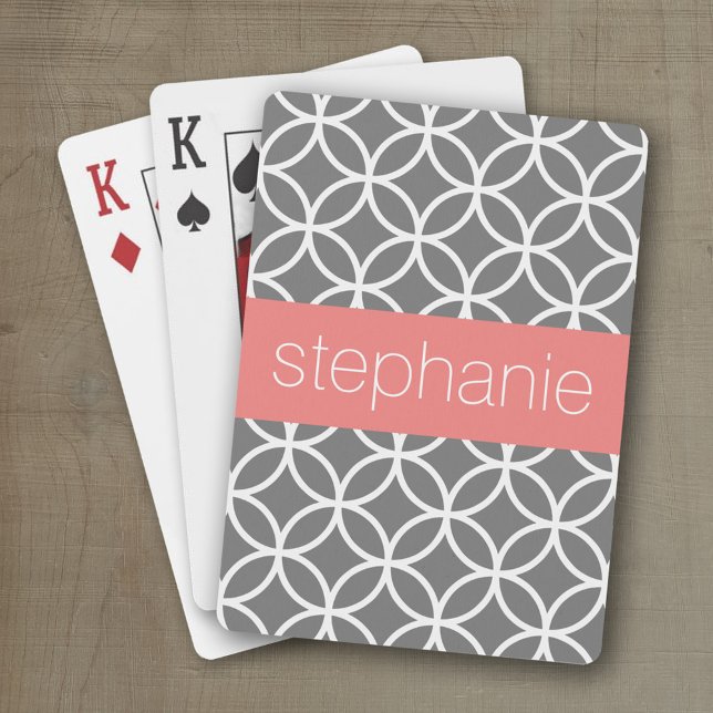 Gray and White Geometric Pattern Custom Name Poker Cards (Personalized playing cards with a geometric pattern and a place for a name)