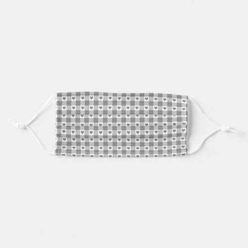 Gray And White Gingham Check Heart Pattern Adult Cloth Face Mask