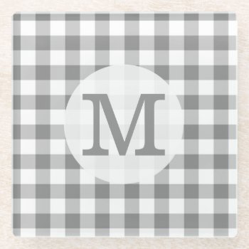 Gray And White Gingham Check Monogrammed Glass Coaster by InitialsMonogram at Zazzle