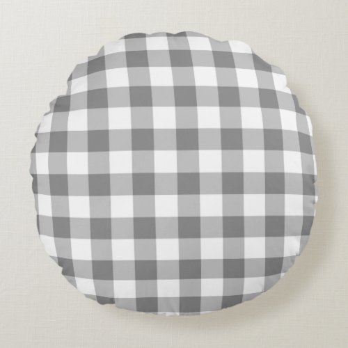 Gray And White Gingham Check Pattern Round Pillow