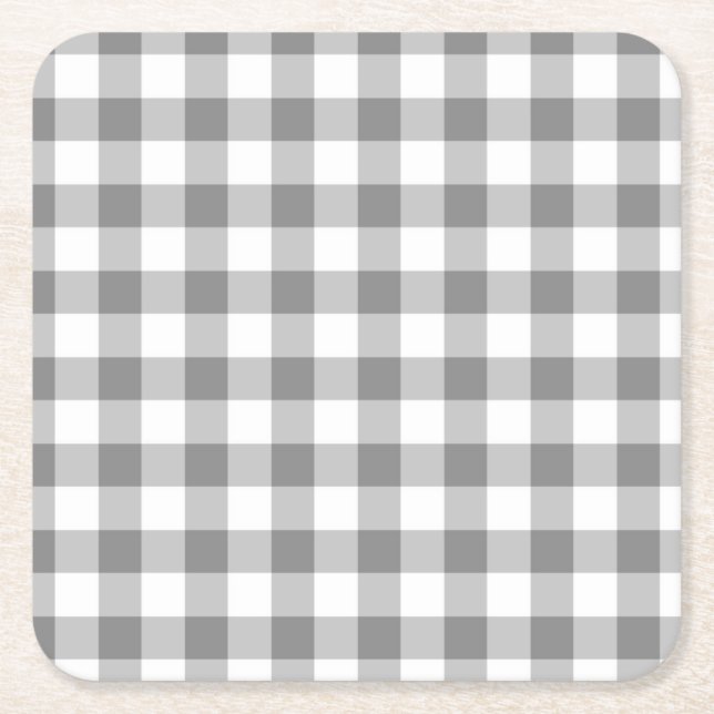 Gray And White Gingham Check Pattern Square Paper Coaster (Front)