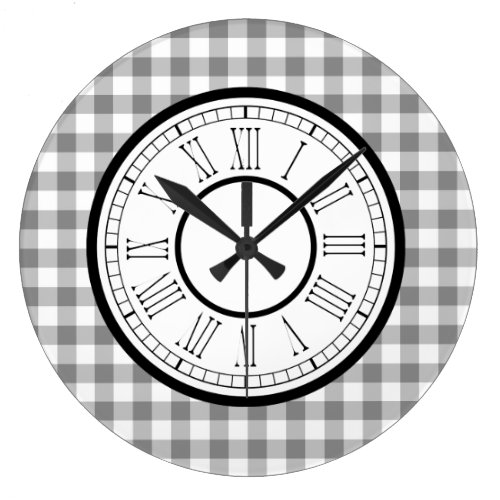 Gray And White Gingham Large Clock