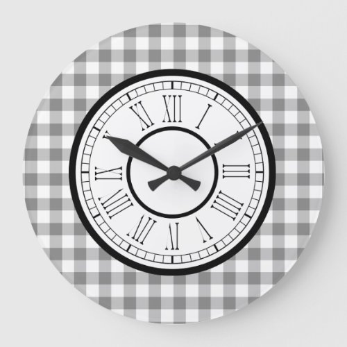 Gray And White Gingham Large Clock