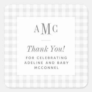 Gray and White Gingham Monogram Thank You Square Sticker
