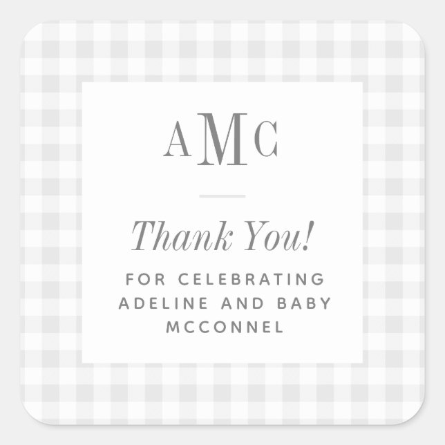 Gray and White Gingham Monogram Thank You Square Sticker (Front)