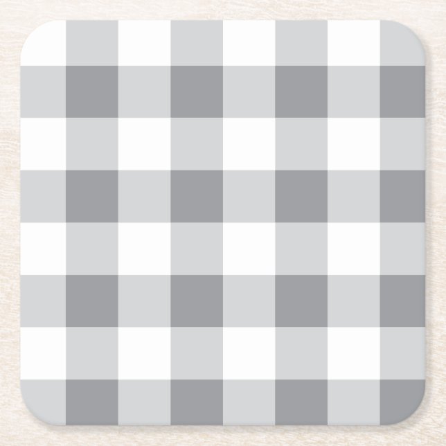 Gray And White Gingham Pattern Square Paper Coaster (Front)