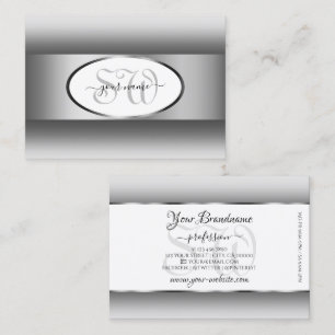 Gray and White Gradient Monogram Oval Silver Frame Business Card