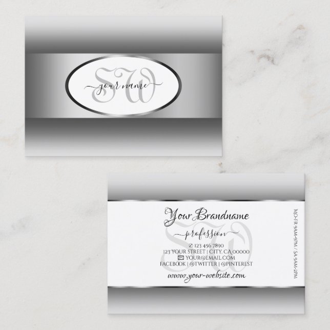 Gray and White Gradient Monogram Oval Silver Frame Business Card (Front/Back)