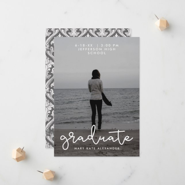 Gray and White Graduation Photo Announcement (Front/Back In Situ)