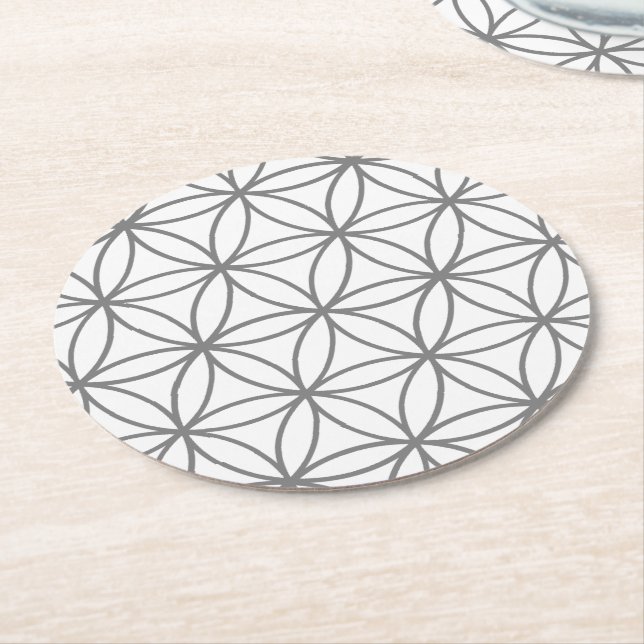 Gray and White Graphic Lotus Flower Design Round Paper Coaster (Angled)