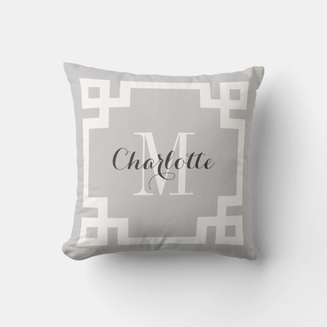 Gray and White Greek Key Monogram Throw Pillow (Front)