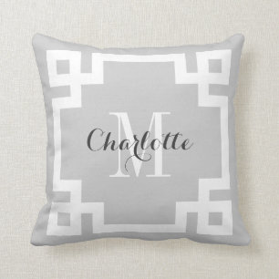 Gray and White Greek Key Monogram Throw Pillow