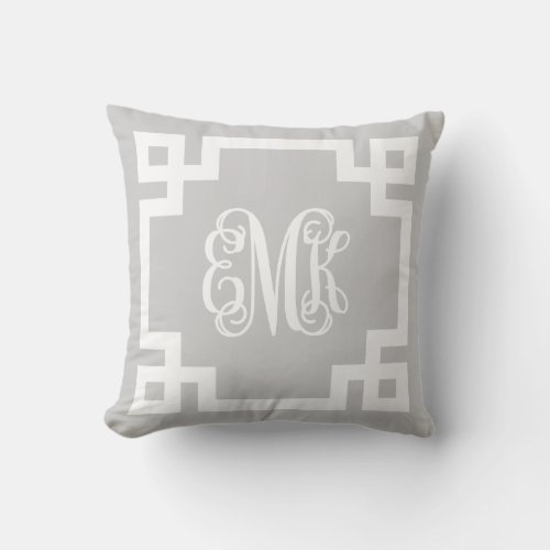 Gray and White Greek Key Script Monogram Throw Pillow