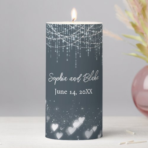 Gray and White Hanging Lights Wedding Pillar Candle