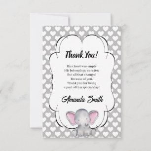 Gray and White Hearts Elephant Baby Shower Thank Y You Card
