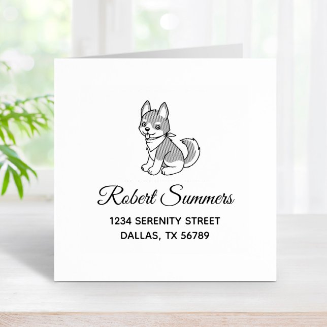 Gray and White Husky Puppy Dog Address Rubber Stamp (Creator Uploaded)