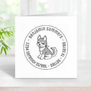 Gray and White Husky Puppy Dog Round Address Rubber Stamp