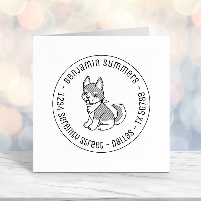 Gray and White Husky Puppy Dog Round Address Self-inking Stamp (Creator Uploaded)