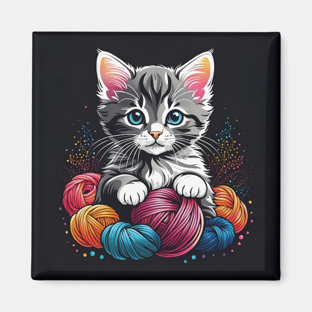Gray and White Kitten with Yarn Magnet (Front)