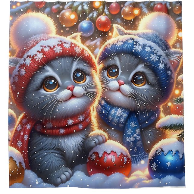 "Gray and White Kittens’ First Christmas" Shower Curtain (Front)