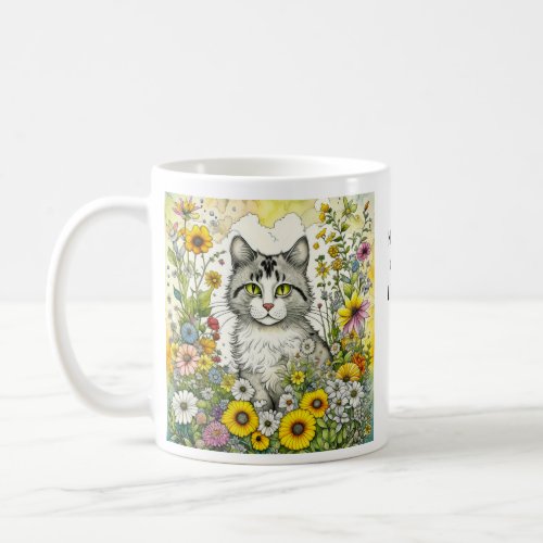 Gray and White Kitty Cat Sitting in Flowers Coffee Mug