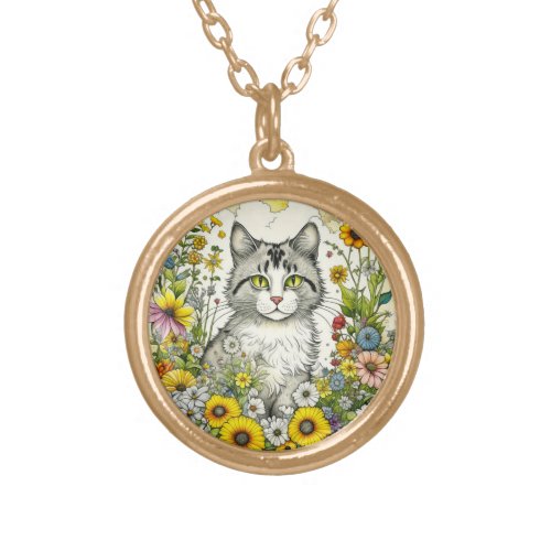 Gray and White Kitty Cat Sitting in Flowers  Gold Plated Necklace