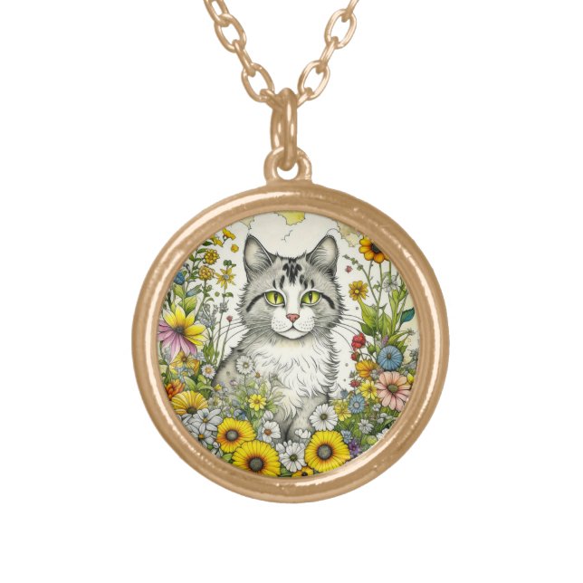 Gray and White Kitty Cat Sitting in Flowers  Gold Plated Necklace (Front)