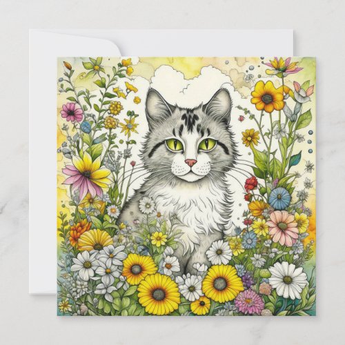 Gray and White Kitty Cat Sitting in Flowers Hello