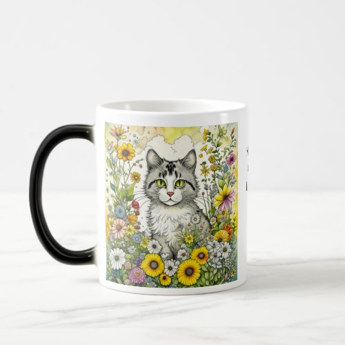 Gray and White Kitty Cat Sitting in Flowers Magic Mug