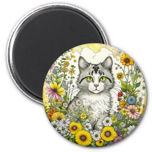 Gray and White Kitty Cat Sitting in Flowers Magnet
