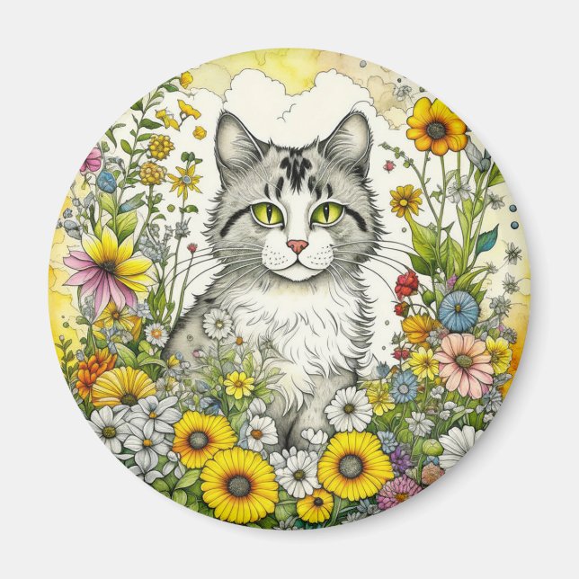 Gray and White Kitty Cat Sitting in Flowers Magnet (Front)