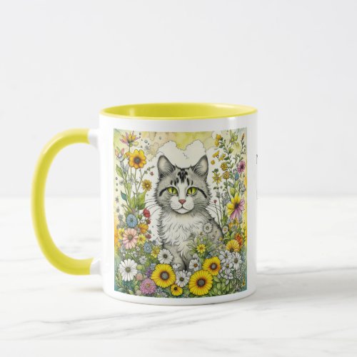Gray and White Kitty Cat Sitting in Flowers Mug