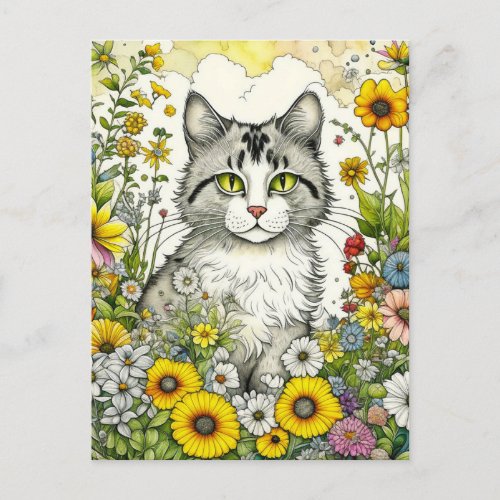 Gray and White Kitty Cat Sitting in Flowers   Postcard