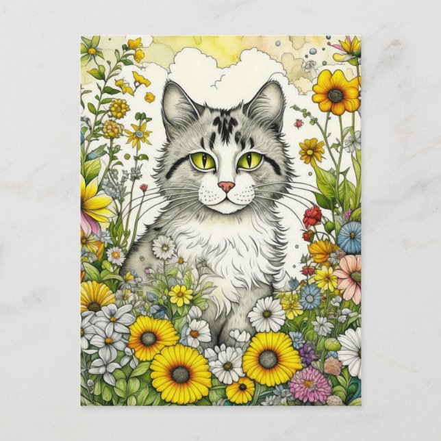 Gray and White Kitty Cat Sitting in Flowers   Postcard (Front)