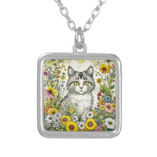 Gray and White Kitty Cat Sitting in Flowers  Silver Plated Necklace
