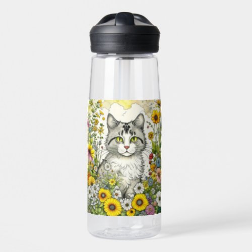 Gray and White Kitty Cat Sitting in Flowers Water Bottle