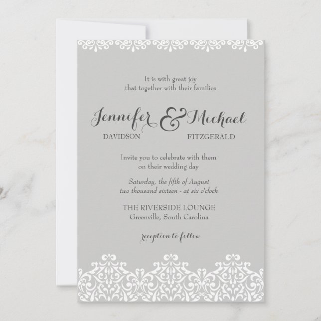 Gray and White Lace Elegant Wedding Invitation (Front)