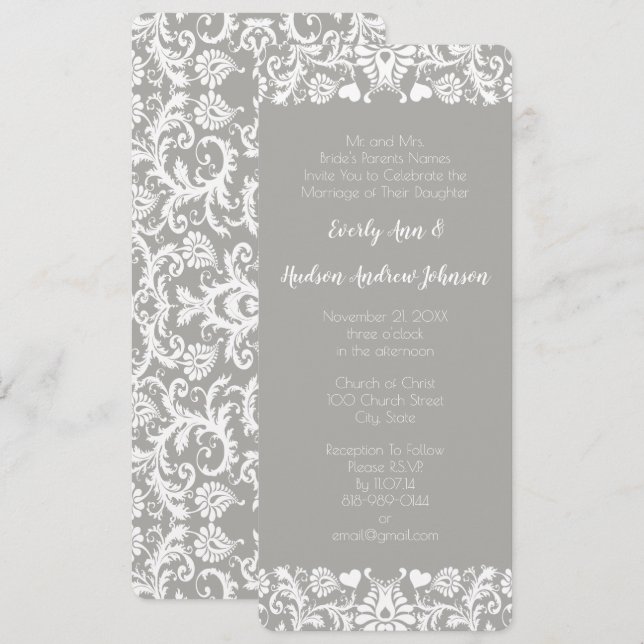 Gray and White Lace Floral Damask Wedding Invitation (Front/Back)