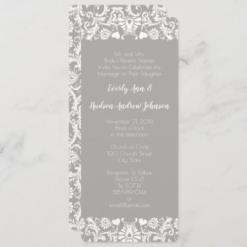 Gray and White Lace Floral Damask Wedding Invitation