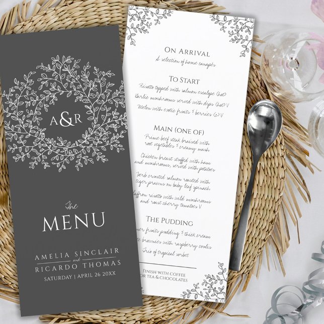 Gray and white leaf drawing monogram wedding menu (Creator Uploaded)