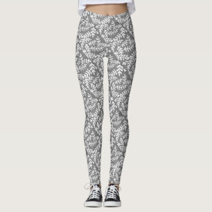  Gray and White Leaf Print Leggings