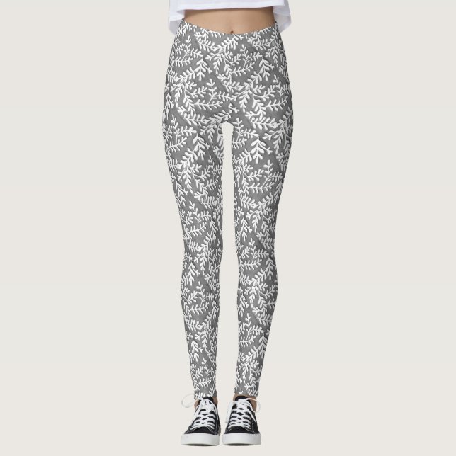  Gray and White Leaf Print Leggings (Front)