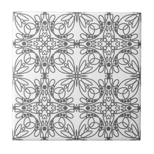 Gray and White Line Art Floral and Hearts Ceramic Tile